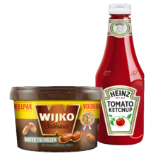 Heinz tomatenketchup fles à 875 ml
of Wijko satésaus geconcentreerd
emmer à 1000 gram